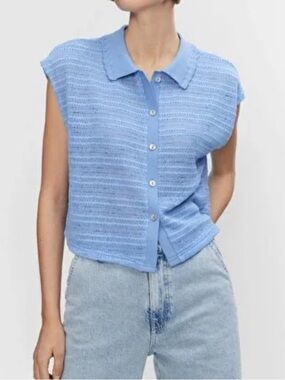 Mango Blue Knit Polo Top Button Front Textured Short Sleeve S